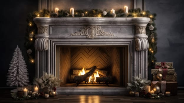 holiday fireplace with christmas tree xmas presents gift, ai
