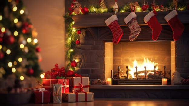 holiday fireplace with christmas tree xmas presents gift, ai