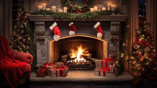 holiday fireplace with christmas tree xmas presents gift, ai