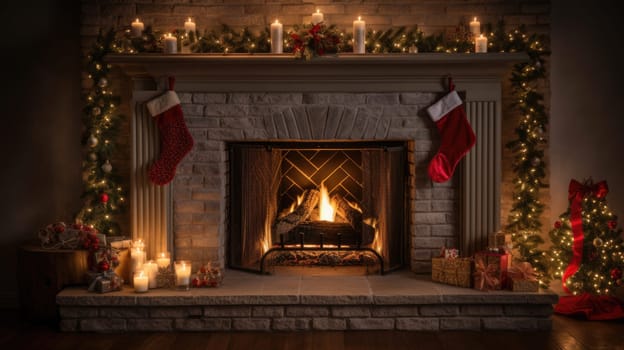 holiday fireplace with christmas tree xmas presents gift, ai