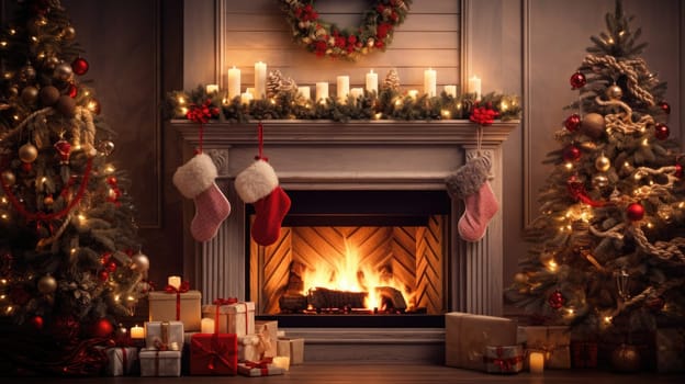 holiday fireplace with christmas tree xmas presents gift, ai