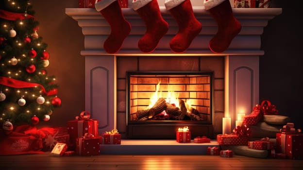 holiday fireplace with christmas tree xmas presents gift, ai