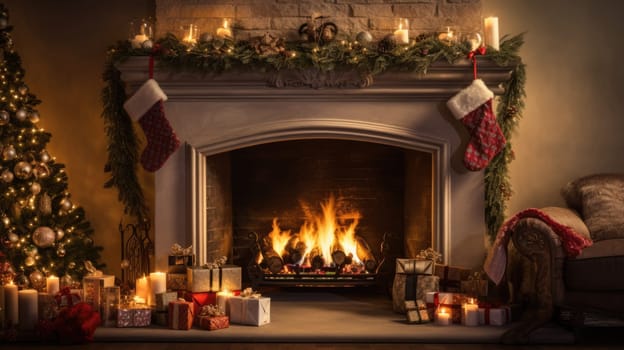 holiday fireplace with christmas tree xmas presents gift, ai
