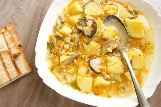 Mushroom soup in a white bowl on a beige background. High quality photo