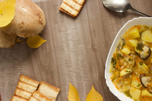 Mushroom soup in a white bowl on a beige background. High quality photo