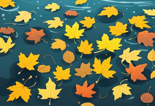 illustration Autumn yellow fallen leaves on a float on water, background texture. Colorful autumn leaves in pond water. anime styl. Generate AI