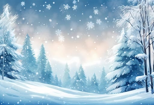 Illustration Winter background of snowy forest. Fir trees covered with snow on a frosty morning. Beautiful winter. Winter background with snowflakes. Anime style. Generate AI