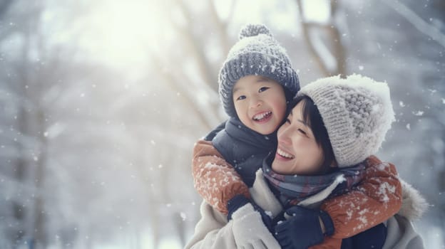 Happy family having fun while travel outdoor in winter enjoying time together comeliness