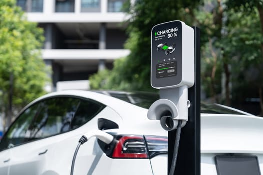 EV electric car charging in green sustainable city outdoor garden in summer. Urban sustainability lifestyle by green clean rechargeable energy of electric BEV vehicle innards