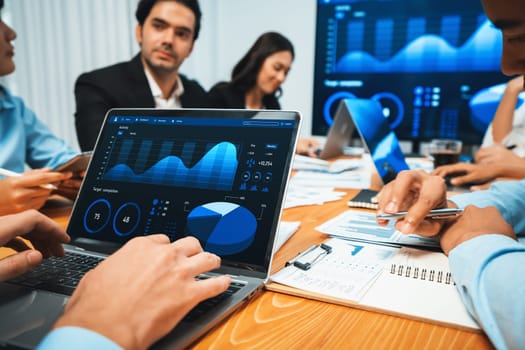 Financial data analysis dashboard by Fintech BI or business intelligence display on laptop screen to in-depth financial data analysis by business people working on business marketing. Habiliment