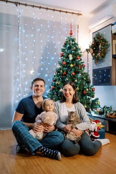 Smiling dad and mom are sitting on the floor near the Christmas tree with a little girl and a cat on their laps. High quality photo