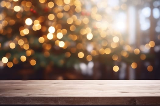 Merry Christmas and Happy New Year background with empty wooden table over Christmas tree and blurred light bokeh. Empty display for product placement. Rustic vintage Xmas 2024 background. comeliness