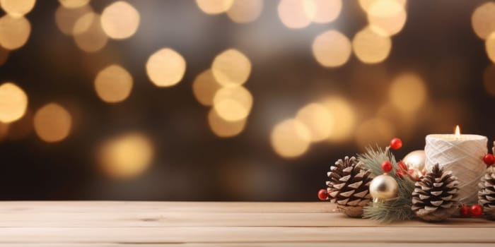 Merry Christmas and Happy New Year background with empty wooden table over Christmas tree and blurred light bokeh. Empty display for product placement. Rustic vintage Xmas 2024 background. comeliness