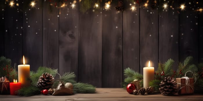 Merry Christmas and Happy New Year background with empty wooden table over Christmas tree and blurred light bokeh. Empty display for product placement. Rustic vintage Xmas 2024 background. comeliness