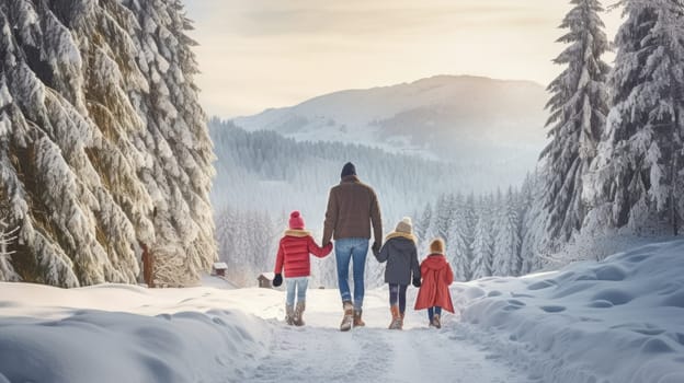 Happy family Father, mother and children are having fun and playing on snowy winter walk in nature. comeliness