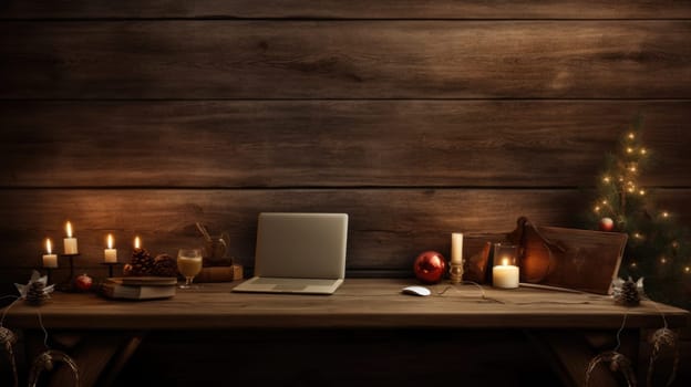 wider view of wooden desk with christmas decor at home in winter comeliness