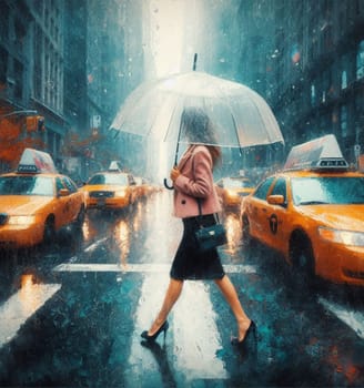 business bossy elegant fit woman using umbrella wearing tailleur , under heavy rain in New York City among taxis and traffic crossing street painting, warm tones, ai generated