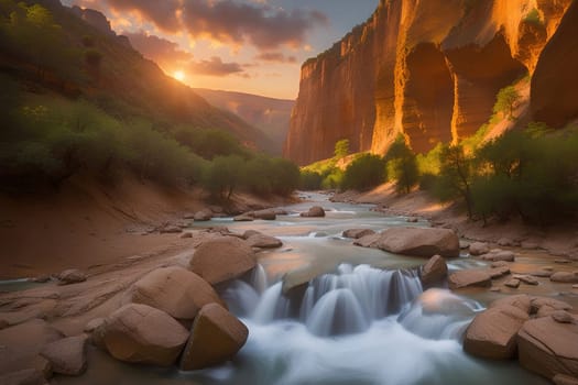 Beautiful view of the river in the mountains at sunset. Fantastic landscape.Sunset in the valley .Landscape with a mountain river in the gorge of the canyon.