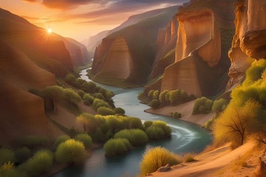 Beautiful view of the river in the mountains at sunset. Fantastic landscape.Sunset in the valley .Landscape with a mountain river in the gorge of the canyon.