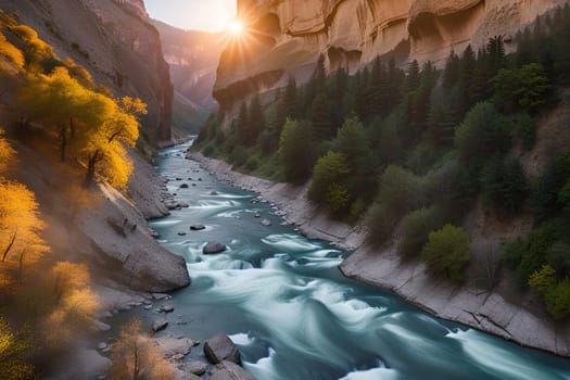 Beautiful view of the river in the mountains at sunset. Fantastic landscape.Sunset in the valley .Landscape with a mountain river in the gorge of the canyon.