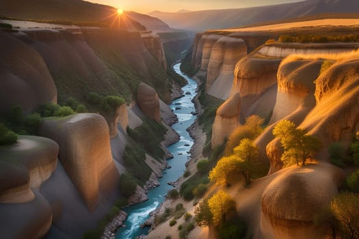 Beautiful view of the river in the mountains at sunset. Fantastic landscape.Sunset in the valley .Landscape with a mountain river in the gorge of the canyon.