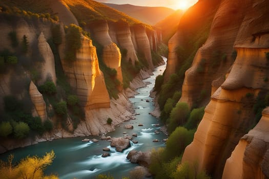 Beautiful view of the river in the mountains at sunset. Fantastic landscape.Sunset in the valley .Landscape with a mountain river in the gorge of the canyon.