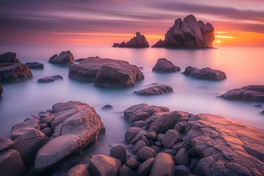 Beautiful seascape with long exposure of rocks and sea at sunset.Beautiful seascape. Dramatic sunset over the sea.