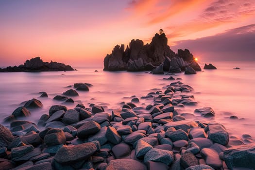 Beautiful seascape with long exposure of rocks and sea at sunset.Beautiful seascape. Dramatic sunset over the sea.