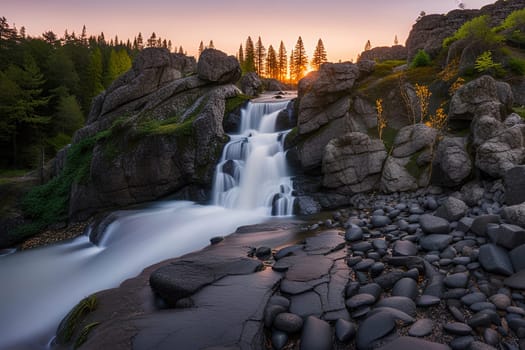 Long exposure of a waterfall in the forest at sunrise. Long exposure photography