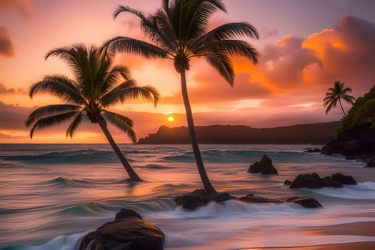 Palm trees on a tropical beach at sunset.Palm trees silhouettes at sunset on a tropical beach .