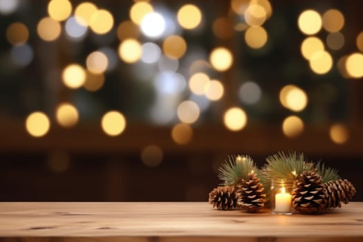 Merry Christmas and Happy New Year background with empty wooden table over Christmas tree and blurred light bokeh. Empty display for product placement. Rustic vintage Xmas 2024 background. comeliness