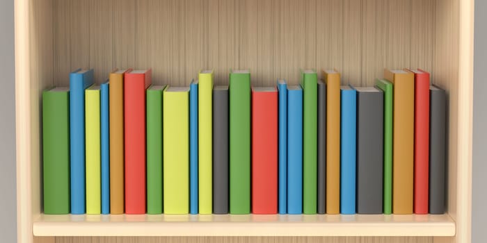 Row with colorful books in the bookcase, front view