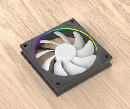 Computer fan with rgb lighting on wooden desk