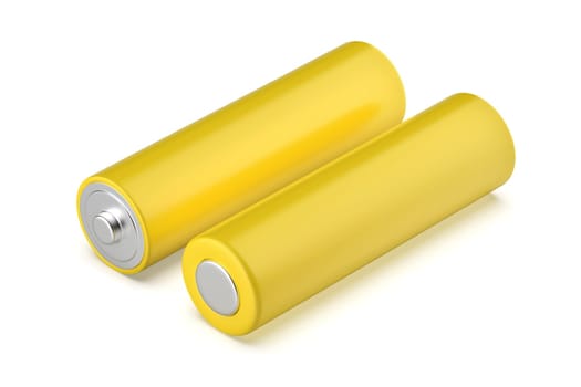 Two yellow AA size batteries on white background