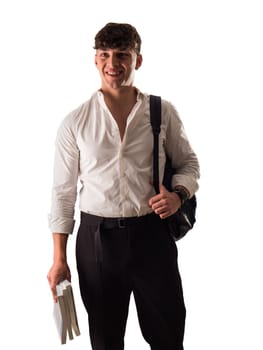 A young attractive man in a white shirt and black pants, a smiling student with backpack and books in one hand