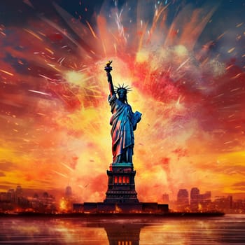 The Statue of Liberty in front of the night festive fireworks in honor of the US Independence Day. High quality photo