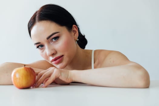 a woman with apple ripe healthy vitamins food