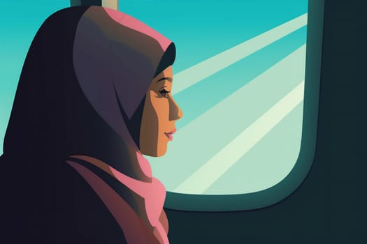 woman chair journey tourist air plane window transportation passenger flight character holiday cartoon comfort airplane fly muslim inside seat train trip. Generative AI.