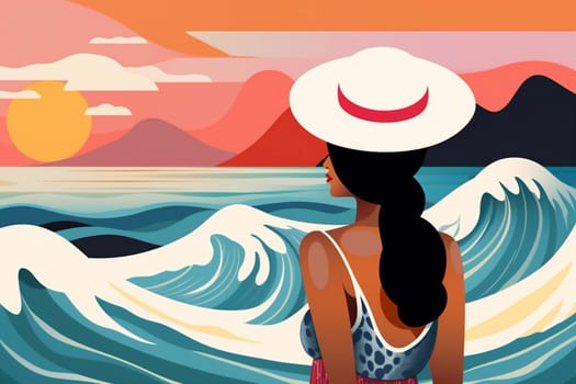 tropical woman tanned young tourism sand black hat relax beach graphic beautiful summer vacation art beauty model person beige concept cartoon. Generative AI.