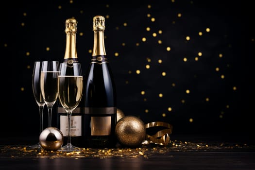 Premium Christmas Party Theme with Champagne Bottle, Wine Glasses, Golden Confetti, and Decorative Balls on a Stylish Dark Background. Lavish Flat Lay Arrangement with copy space.