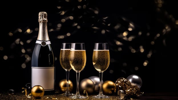 Premium Christmas Party Theme with Champagne Bottle, Wine Glasses, Golden Confetti, and Decorative Balls on a Stylish Dark Background. Lavish Flat Lay Arrangement with copy space.