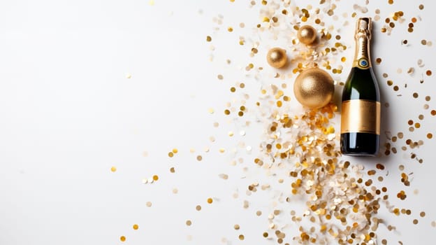 Top view of Champagne Bottle, Golden Confetti, and Decorative Balls on a Stylish light Background, Flat Lay Arrangement. with copy space