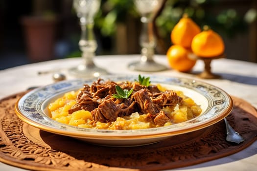 Cassoeula, traditional Lombardy dish with a stew made with pork meat and cabbage, often served with polenta. Italian seasonal comfort dish.