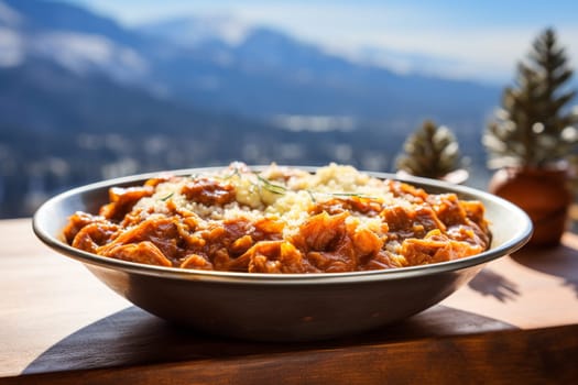 Cassoeula, traditional Lombardy dish with a stew made with pork meat and cabbage, often served with polenta. Italian seasonal comfort dish.