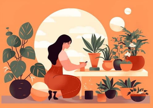 woman work housework garden flower occupation gardener gardening horticulture plant indoor hobby botanist florist entrepreneur female houseplant happy botanical freelancer pot. Generative AI.