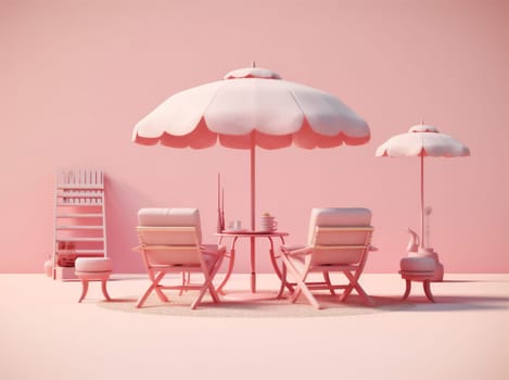 sand retro umbrella summer relax parasol pink ocean season sun pool chair three-dimensional vacation sky water poster shore holiday colorful. Generative AI.