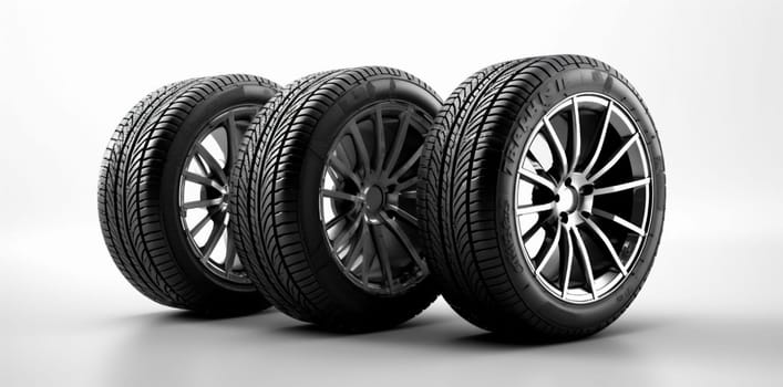 tyre automobile auto heap rubber wheel car tire change rim garage equipment race white isolated object profile black road background transportation. Generative AI.