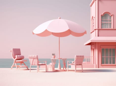 goggles relax sand chair space summer sea pink tourism travel vacation ball retro parasol sun poster tour design holiday water umbrella copy. Generative AI.