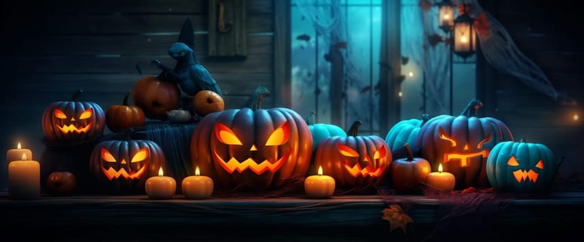 night halloween pumpkin illustration dark silhouette light grave autumn evil horror jack fear table cemetery lantern background october holiday blue mystery. Generative AI.