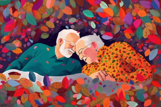 man woman asleep grandmother character mature old male concept couple grandparent flowers love bedtime retired grandfather senior female together happy rest bed. Generative AI.